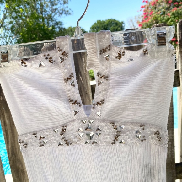 INDO MARIO Plunge Elegant White Maxi Dress w/ Graceful Flow Sz Small - Picture 3 of 11